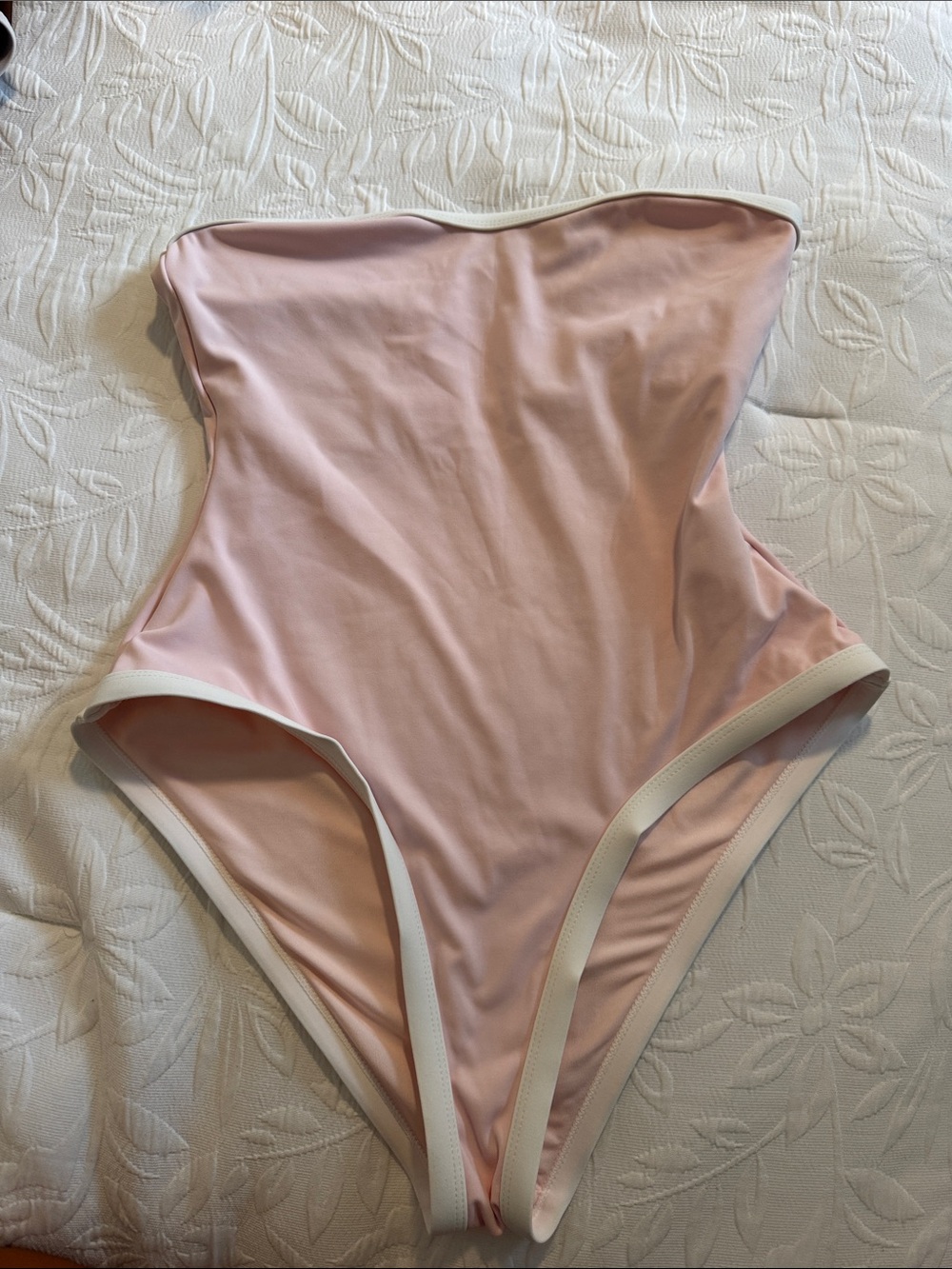 Strapless One-Piece Swimsuit in Light Pink with White Trim